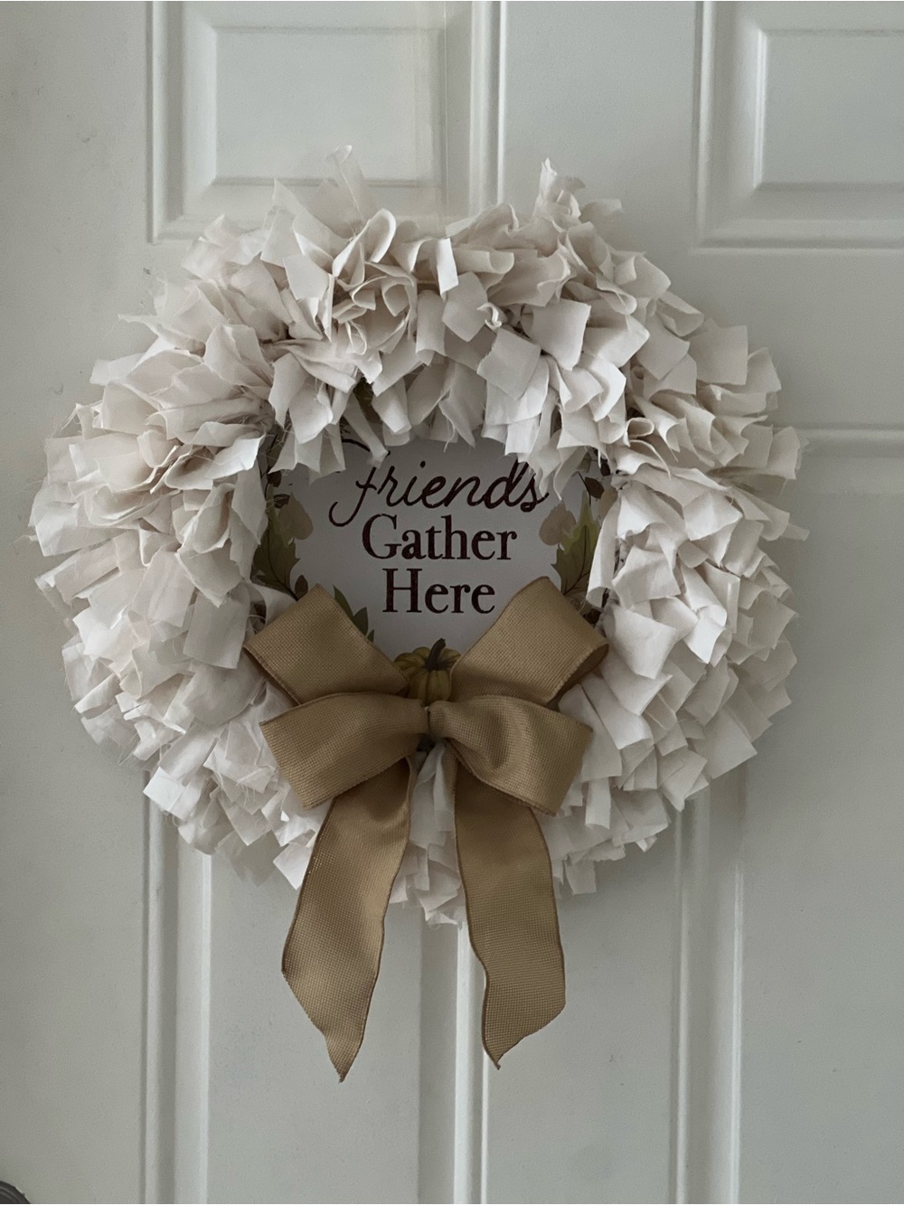 Cream country Farmhouse rustic  Wreath with Tan Bow - 'Friends Gather Here'
